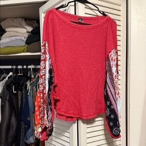 Free People Red Long Sleeve Women's Top with Patterned Sleeves